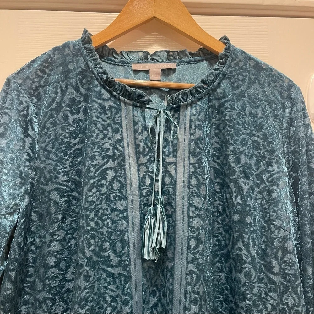 Valerie Stevens Blouse Tunic XL Teal Velvet Burnout Floral Blue Romantic Peasant